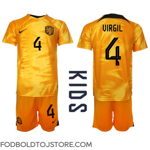 Holland Virgil van Dijk #4 Hjemmebanesæt Børn VM 2022 Kortærmet (+ Korte bukser)